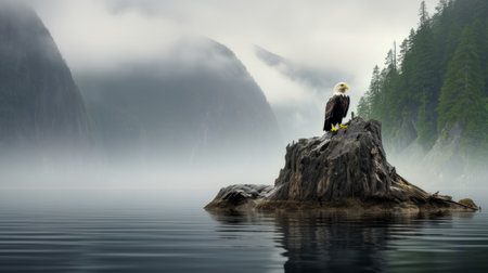 eagle perched on wooden stump in water, amidst misty norwegian nature. this iconic rock and roll imagery captures the majestic beauty of the national geographic photo, with a touch of american tonalist style. ai generatedの素材