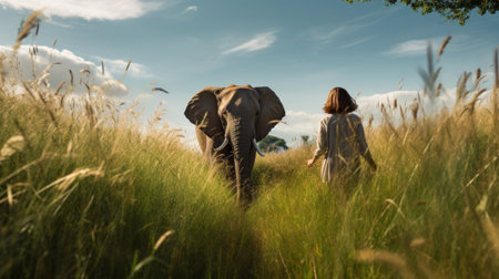 an elephant gracefully moves through a sea of tall grasses, captured in a dreamlike portraiture style. this character-driven and narrative-driven visual storytelling image showcases the majestic beauty of the elephant. it is a high-resolution uhd photograph, reminiscent of national geographic's stunning photography. the romantic illustration evokes a sense of kitsch and camp charm. ai generatedの素材