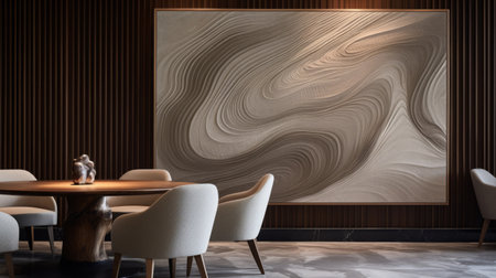 modern dining room with abstract paintings on a wooden wall and chairs, inspired by the western zhou dynasty. the undulating lines and intricately sculpted details create a subtle surface decoration. the chairs are sculpted and feature a trace monotone design, while the marble adds a touch of elegance to the overall decor. ai generatedの素材