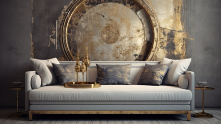 a gold couch with gold decor is placed against a silver wall, showcasing distressed and weathered surfaces. the room exudes an architectural chic vibe with circular shapes and vintage imagery, while also drawing inspiration from zen buddhism. this uhd image captures the essence of the space's unique style, known as grisaille. ai generatedの素材