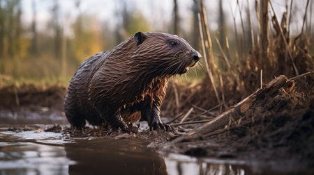 beaver running through muddy water and tall grasses, captured in the style of dmitry vishnevsky. this dynamic photo showcases a low depth of field, with ray tracing adding a realistic touch. the image was taken using provia film by the talented photographers slawomir maniak, sopheap pich, and clever wit. ai generatedの素材