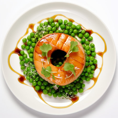 a dish featuring salmon and peas, prepared in the artistic style of nick knight. the image showcases the unique cross-processing technique used by tony orrico, combined with the creative influences of lee broom. captured using a minolta riva mini camera, the photograph exudes a gritty elegance. ai generatedの素材