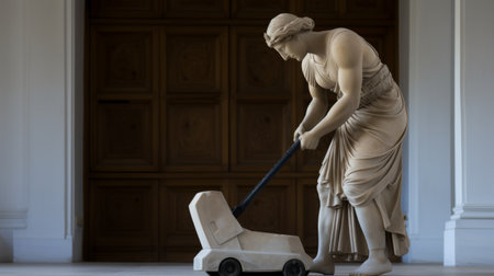 a marble sculpture of a working-class woman pushing a cart stands in front of a door, symbolizing feminine empowerment. this historical piece showcases tangible texture and evokes empathy for the working class. the photo, taken with provia film, captures the forced perspective, enhancing the impact of the statue's message. ai generatedの素材