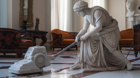 a statue cleaning the floor in an oriental living room, showcasing the fusion of greek and roman art and architecture. this rollerwave sculpture embodies elements of pseudo-historical fiction, working-class empathy, and historical significance. the dark maroon and white color scheme adds a touch of elegance to this technological marvel. ai generatedの素材
