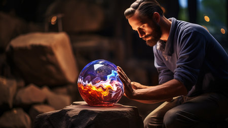 a man sits on top of rocks, holding a glass sphere, surrounded by swirling colors. this artistic composition, inspired by lee broom and reimagined by industrial light and magic, showcases the beauty of glass as a material. chad knight's realistic depiction of light adds depth to this neo-geo inspired scene. ai generatedの素材