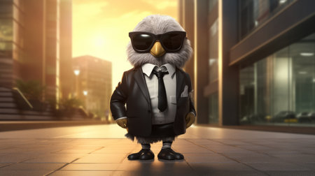 a vector illustration of a businessman character with the head of an eagle, showcasing a unique blend of street fashion and citypunk style. rendered in high quality using cinema4d, this photo captures an ominous vibe with elements of aurorapunk. the man is depicted in a dynamic pose, symbolizing his dedication and hard work. ai generatedの素材