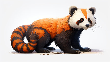 a red and orange panda animal is depicted in this hyper-realistic illustration. the panda is sitting on a white background, showcasing bold contrast and textural play. created in the style of cryengine, this digitally enhanced artwork captures the intricate details of the panda's fur. the illustration also incorporates elements of animated gifs, brushwork exploration, and realistic bird paintings. ai generatedの素材
