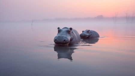 two hippopotami gracefully glide through the water at sunrise, captured in the mesmerizing style of john wilhelm. this national geographic photo showcases the hazy atmospheres and non-representational art of the congo, beautifully brought to life by franoise basset's soft-focus technique. ai generatedの素材