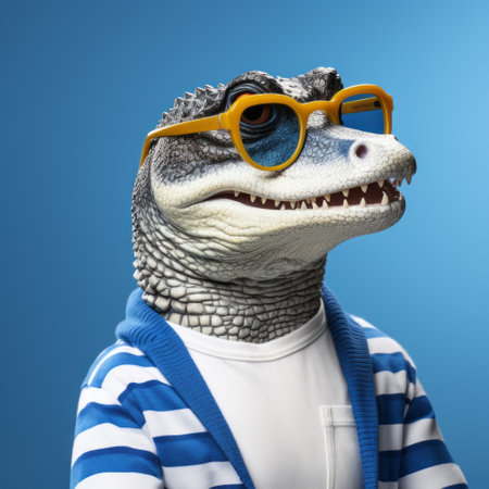 an alligator wearing glasses stares directly at the camera in this bold and vibrant fashion photograph. created using cinema4d, the photorealistic fantasy style showcases inventive character designs. the alligator's light blue and white color scheme adds a lively touch to the image, while minimal retouching ensures a natural and authentic look. ai generatedの素材