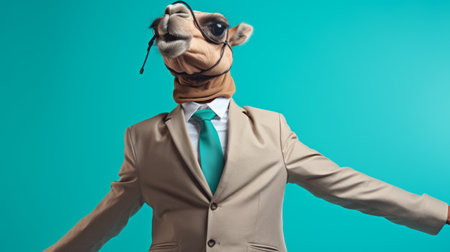 a camel in a suit and tie, with its head held high, stands out in this surreal pop-style photograph. the light cyan and dark beige tones add to the surreal fashion photography vibe. the cheerful colors and playful absurdity create a sense of green academia and hurufiyya. ai generatedの素材