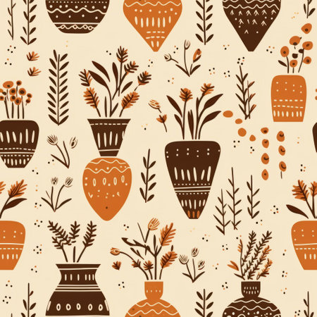 ceramic vases with flowers are showcased on a beige background, featuring folk art-inspired illustrations. the vases are brown and amber, complementing the minimalist backgrounds. the design incorporates a repeating pattern, reminiscent of cottagepunk aesthetics. the hand-drawn animation is influenced by african-inspired textile patterns. ai generatedの素材