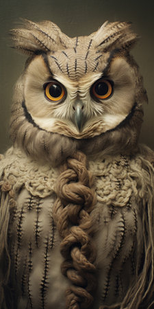 a brown background sets the tone for a captivating photo featuring a cloak hanging in the style of caras ionut. this hyperrealistic image showcases the artist's talent for creating life-like avian illustrations, while also incorporating elements of knitted and crocheted textures. the composition is reminiscent of macro photography, with a touch of symmetry inspired by frederick lord leighton. ai generatedの素材