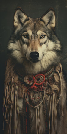 the white wolf is captured in a stunning wildlife photograph, adorned in a vintage-inspired native american costume. the dark, muted colors of the costume, including dark red and dark beige, add to the rustic renaissance realism of the image. the intricate texture and the combination of dark amber and gray create a captivating visual appeal. ai generatedの素材