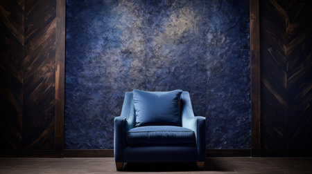 reclining chair in front of a grey wood texture interior with blue ipe walls. the style of the room is influenced by impressionistic surfaces, dark indigo, british topographical art, organic stone carvings, murals, and wall drawings. luxurious fabrics and an azure color scheme complete the elegant ambiance. ai generatedの素材