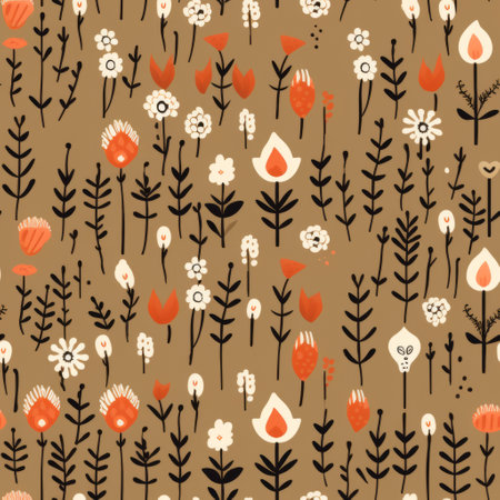 a cute pattern featuring hand-drawn elements in the style of irregular organic forms. the design showcases a combination of browns and an orange background with flowers. inspired by the dutch golden age, this pattern incorporates flower and nature motifs in an expressive color-field. created by artist felicia simion, the pattern exudes an earthy color palette. ai generatedの素材