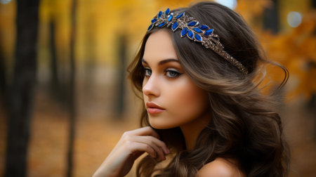 a beautiful blonde with long hair and a blue flower hairband poses in an autumn forest. the photo showcases a dark bronze and gold style, highlighting polished craftsmanship. the close-up intensity captures the beauty of gemstone-like features. the traditional color scheme of brown and blue adds to the smooth and shiny aesthetic of the image. ai generatedの素材