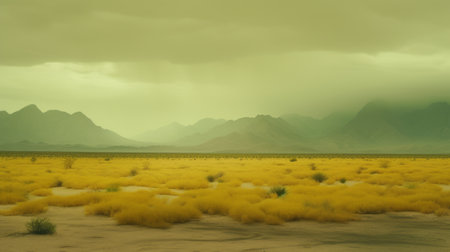 an empty field filled with yellow weeds, resembling a matte painting. the scene depicts inclement weather with a desertwave style. the image showcases a realistic yet stylized portrayal, with a combination of dark yellow and light emerald hues. it evokes orientalist imagery and captivates with its realistic and hyper-detailed renderings. ai generatedの素材
