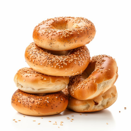 a pile of large bagels, naturally spread, is captured in this photo. the bagels are showcased against a white background, creating an abrasive authenticity. the image incorporates elements such as the konstantinos parthenis style, the sabattier effect, and clear edge definition. it exudes a raw authenticity reminiscent of abbott fuller graves' work. ai generatedの素材