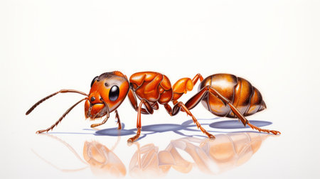 an ant artwork found on google images and wikimedia projects. this unique piece showcases a caricature-like illustration style with a mix of light red and amber tones. the artist has skillfully created a realistic and hyper-detailed rendering, capturing the ant's features in a frontal perspective. the use of white and orange adds depth to the image, while the flat shading technique gives it a vividの素材