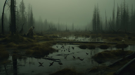 a foggy, deserted area with trees and vegetation, reminiscent of hyper-realistic animal illustrations. the avian-themed atmosphere is enhanced by eerie symbolism, drawing inspiration from artists like alexei harlamoff, matti suuronen, and andreas achenbach. the dark gray and green tones add to the mysterious ambiance of the scene. ai generatedの素材