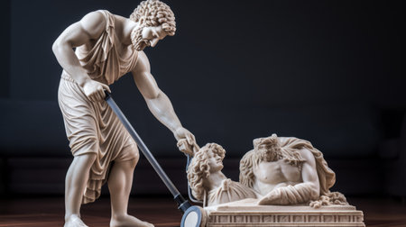 a tabletop photograph featuring a neoclassical figure in the style of forced perspective. the sculpture, reminiscent of gods and monsters, portrays resurrection and genesis. the composition showcases destroyed gadgets sculptures, capturing the playful still-lifes of edward poynter. the focus on materials adds depth to this intriguing piece of art. ai generatedの素材