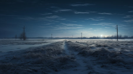 a winter scene captured with a zeiss milvus 25mm f/1.4 ze lens. the photo showcases a snow-covered and icy road, with a dark sky-blue and dark aquamarine color palette. the serene pastoral scenes are enhanced by the contrasting lights and darks. this matte photo exudes energy-filled illustrations, beautifully captured by marcin sobas. ai generatedの素材