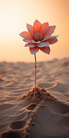 a surrealistic landscape photograph featuring a flower in a sandy environment, reminiscent of the style of david nordahl. the image showcases a blend of light orange and light bronze tones, with a touch of organic chaos. influenced by zen buddhism, this artwork captures a surreal and detailed scene, reminiscent of the works of samuel silva. rendered using maya software. ai generatedの素材