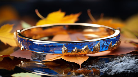 blue bracelet with gold leaf overlay, featuring intricate leaf designs. this dutch tradition-inspired accessory rests on a rocky surface, reflecting chrome-like hues. the high-resolution image showcases detailed hunting scenes and extravagant table settings. the dark amber and sky-blue colors add a touch of elegance to this stunning piece. ai generatedの素材