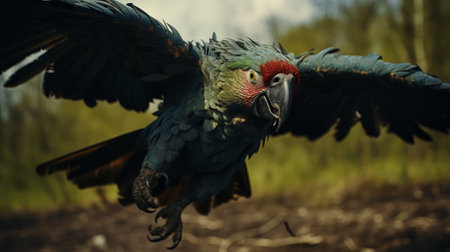 a vibrant, junglepunk-inspired image captures the lively action of a characterful manticore, as it soars gracefully through a dirt-filled field. the bird's colorful feathers, featuring shades of dark green and red, stand out against the backdrop, creating a visually striking scene reminiscent of the artistic style of lorenzo costa the elder's characterful animal portraits. ai generatedの素材