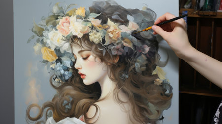 a woman wearing a flower crown stands in front of a painting, showcasing exquisite realism. the artwork is characterized by the heavy use of palette knives, with a color palette dominated by light yellow and dark gray. the romantic use of light adds to the charm of the close-up scene, creating a fairycore aesthetic with its enchanting characters. ai generatedの素材