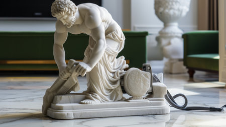 a man pulls a cord through the white marble floor, reminiscent of neoclassical sculptures. this mechanical sculpture showcases vintage imagery and the use of restored and repurposed handcrafted objects. created with the help of zbrush, the artwork exudes an abrasive authenticity. ai generatedの素材