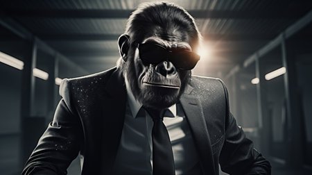 a man dressed as a gorilla sits in a car, captured in a solarization effect. this unique photograph showcases elements of industrial and product design, with a backlit composition that adds depth. the use of security camera art enhances the overall aesthetic, while the focus on the man's facial expression creates a captivating contrast between contemporary fact and fiction. the image is presented in stunningの素材