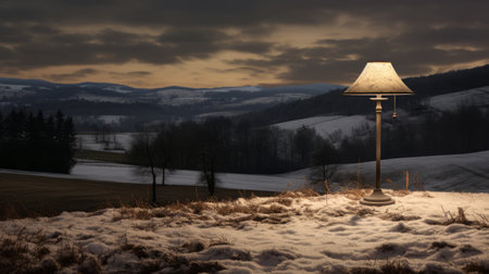 a dark sky hangs over a snowy landscape, captured in the style of vray tracing. this traditional british scene is enhanced by a light sculpture, creating a serene and peaceful ambiance. the combination of dark, white, and beige tones, along with the use of the wollensak 127mm f47 ektar lens, adds a touch of topographical realism to the image. ai generatedの素材