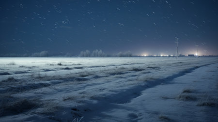 winter landscape featuring a snowy scene captured during the evening hours. this photo, taken in the style of akos major, showcases the beauty of winter with the zeiss milvus 25mm f14 ze lens. the image portrays a sense of tranquility and movement within the serene pastoral scenes, reminiscent of interstellar nebulae. the brushstroke fields add an artistic touch to the composition, reminiscent of the worksの素材