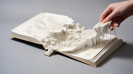 a person picks up an open book showcasing eroded surfaces, sculptural landscapes, and intricate storytelling. the book's style features white and silver tones, reminiscent of snow scenes. the pages depict fluid formations, evoking the unique artistic vision of patricia piccinini. ai generatedの素材