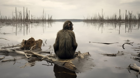 a squirrel monkey perches on a river log, balancing on a dead branch. the scene resembles the desolate landscapes captured by erik johansson and the raw, emotional style of photographers like alex petruk ape and nadav kander. this non-representational image evokes the intensity of war photography. ai generatedの素材