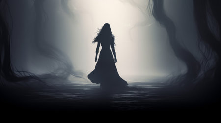 a dark, light, and shadow witch character is depicted in this hd 1920x1080 wallpaper. the image showcases the witch character in flowing silhouettes, capturing the contemporary siren vibe. shot on 70mm, the photo exudes a loose and fluid feel, with a ghostly presence and a captivating play of light-filled elements. ai generatedの素材