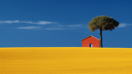 a vibrant yellow building stands out against a backdrop of dark azure and red, creating a romantic and visually striking landscape. the minimalist landscapes of the southern countryside serve as spectacular backdrops for this arte povera-inspired architecture. captured with the tamron 24mm f/2.8 di iii osd m12 lens, this photo showcases the beauty of the countryside and the unique style of the building. ai generatedの素材