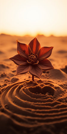a plant stands amidst a mound of desert dirt, exuding dreamlike symbolism with its light red and bronze hues. this captivating image showcases the innovative technique of focus stacking, highlighting intricate flower patterns. created using the unreal engine, it evokes a sense of romantic emotivity. ai generatedの素材