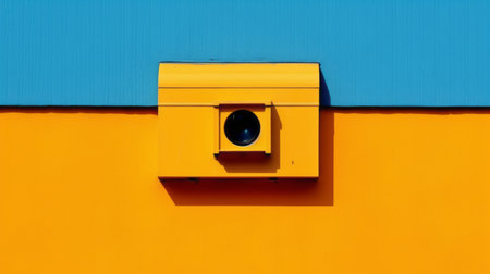 a yellow door, adorned with orange and azure accents, stands out in this photograph. with just a single push, it opens to reveal a world of security camera art and constructivist photography. the distinctive noses of the cameras add a unique touch to the colorful minimalism captured in this matte photo with high dynamic range. ai generatedの素材