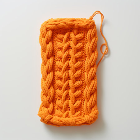 an orange phone case, in the style of knitted and crocheted, is showcased on a tabletop. this unique case combines elements of ssaku hanga, hallyu, and color field art, resulting in a captivating design. it was commissioned for its intricate twisted branches and innovative use of fabric. ai generatedの素材
