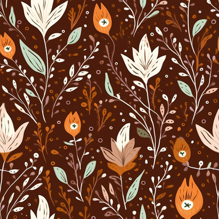florals with white flowers and orange leaves on brown fabric by roshannadesign on spoonflower custom fabric. this colored cartoon-style design features earthy tones and cartoonish motifs. the bold yet graceful asymmetrical patterns are inspired by nature-based patterns and bentwood designs. ai generatedの素材