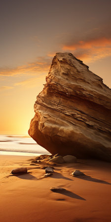 a rock rests on the sandy beach, bathed in the warm glow of golden light. this surrealistic image combines elements of phoenician art with a uhd resolution, making it a captivating national geographic photo. the color gradients of dark orange and light beige add depth and intrigue to the scene. ai generatedの素材
