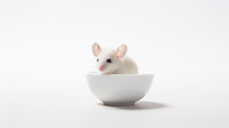 a mouse perched on a white surface inside a small cup, captured in the organic biomorphism style of japanese photography. influenced by precisionism, the image showcases the intricate details of the mouse, highlighting its animal motifs. shot in 32k uhd, the photograph beautifully plays with opacity and translucency, creating a visually captivating composition. ai generatedの素材