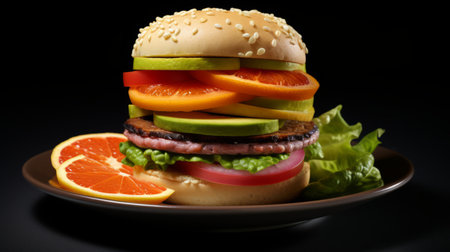 a plate featuring a sandwich and vegetables is showcased in this national geographic photo. rendered in the distinct style of octane render, the image captivates with its vibrant orange and black hues. the multi-layered textures add depth to the uhd image, while saturno butto's signature exaggerated proportions lend a unique artistic touch. ai generatedの素材