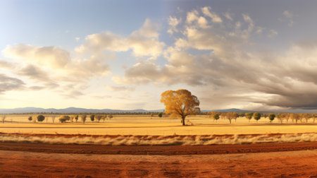 the photo showcases a stunning australian landscape with a captivating sky at the top. the 8k resolution allows for a detailed view of the yellow and bronze hues, creating a charming and idyllic rural scene. the bold chromaticity and impressive panoramas highlight the use of earth tones, adding to the overall beauty of the image. ai generatedの素材