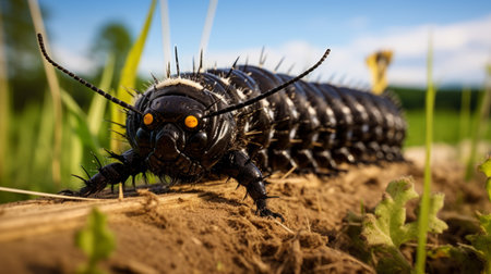 a caterpillar, rendered in cinema4d, is seen devouring grass in front of an open field. this horror-inspired image features a dark black and orange color scheme, with shiny eyes that add an eerie touch. the use of rtx technology enhances the visual quality. the caterpillar appears to be made of insects, with spiky mounds adding to its unique and intriguing appearance. ai generatedの素材