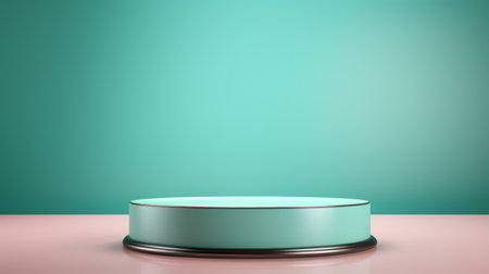 a vibrant blue and green colored plate with a blue edge, resembling vibrant stage backdrops. this plate, designed in the style of industrial and product design, features a light turquoise and light pink color combination. the minimalistic object is captured using octane render, showcasing its sleek design. the background is a cyclorama, adding depth to the image. ai generatedの素材