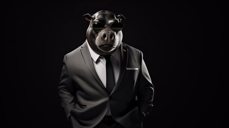 a bear in a suit stands confidently against a black background in this unique artwork. the piece is inspired by social media portraiture and incorporates elements of hip-hop style. the use of a fisheye lens adds a dynamic perspective, while vray tracing enhances the visual details. the artwork also features elements of duckcore and steel, capturing candid shots of famous figures. ai generatedの素材