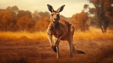 australian kangaroo gracefully strolling across a vast plain, captured in a captivating blend of dark orange and light gold hues. this playful and dreamlike imagery, created using unreal engine 5 and photo-realistic techniques, showcases the stunning beauty of nature. warm tones and impeccable composition make this national geographic contest winner a truly mesmerizing visual experience. ai generatedの素材